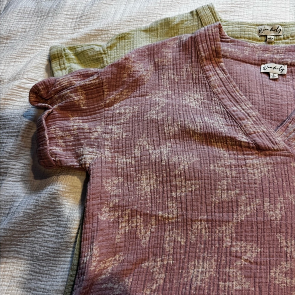 Wonderly Sage Green And Pink Floral Tunic Dress Lot Of Two Crinkled Size Large - Picture 4 of 14